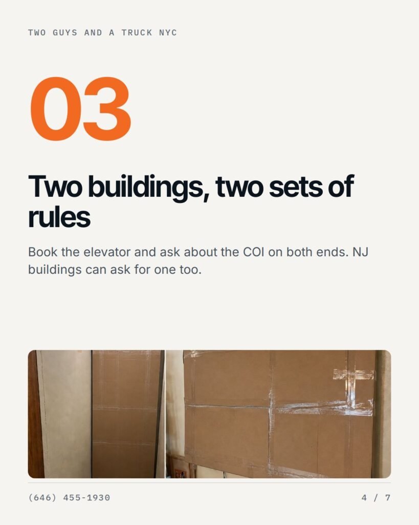 Two buildings, two sets of rules: elevator and COI on both ends